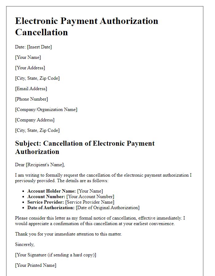 Letter template of electronic payment authorization cancellation.