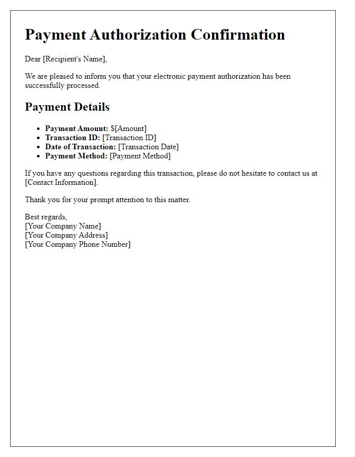 Letter template of electronic payment authorization confirmation.