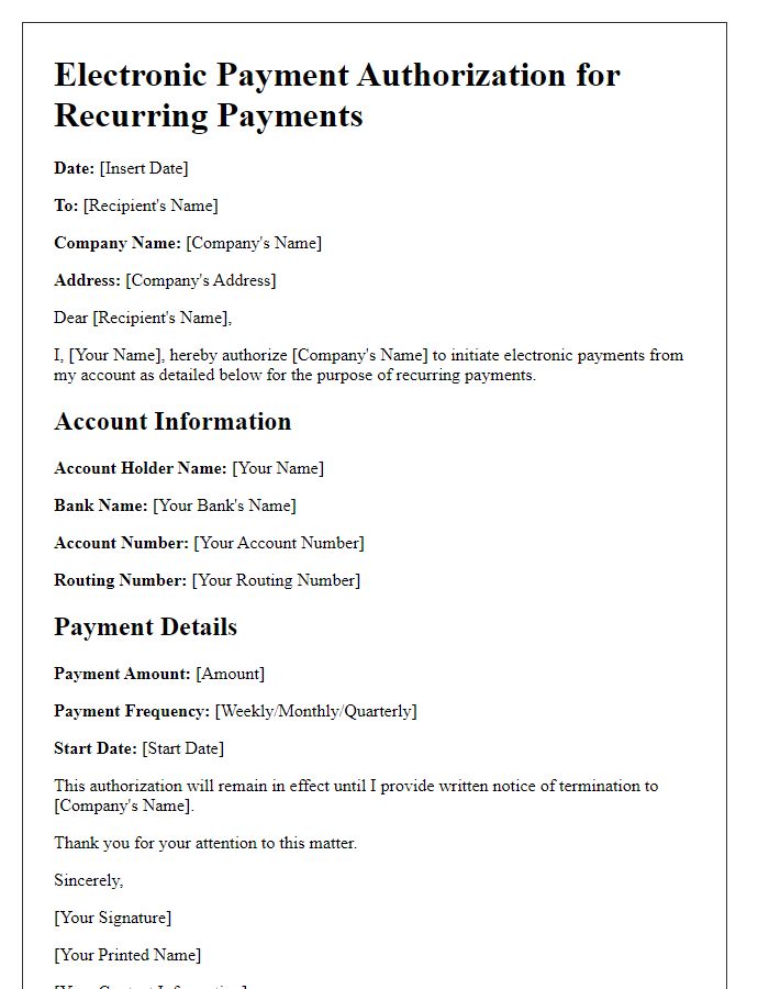 Letter template of electronic payment authorization for recurring payments.