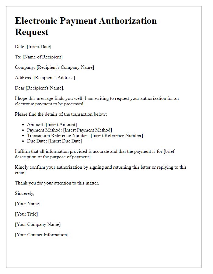 Letter template of electronic payment authorization request.