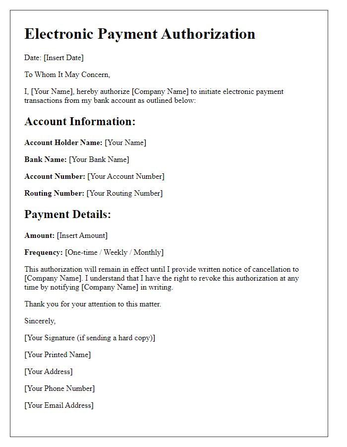 Letter template of electronic payment authorization submission.