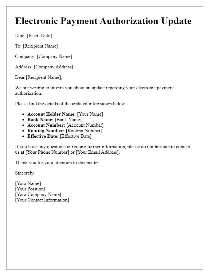 Letter template of electronic payment authorization update.