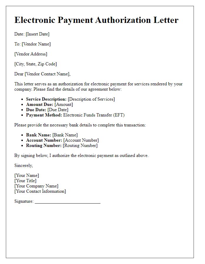 Letter template of electronic payment authorization for vendor services.