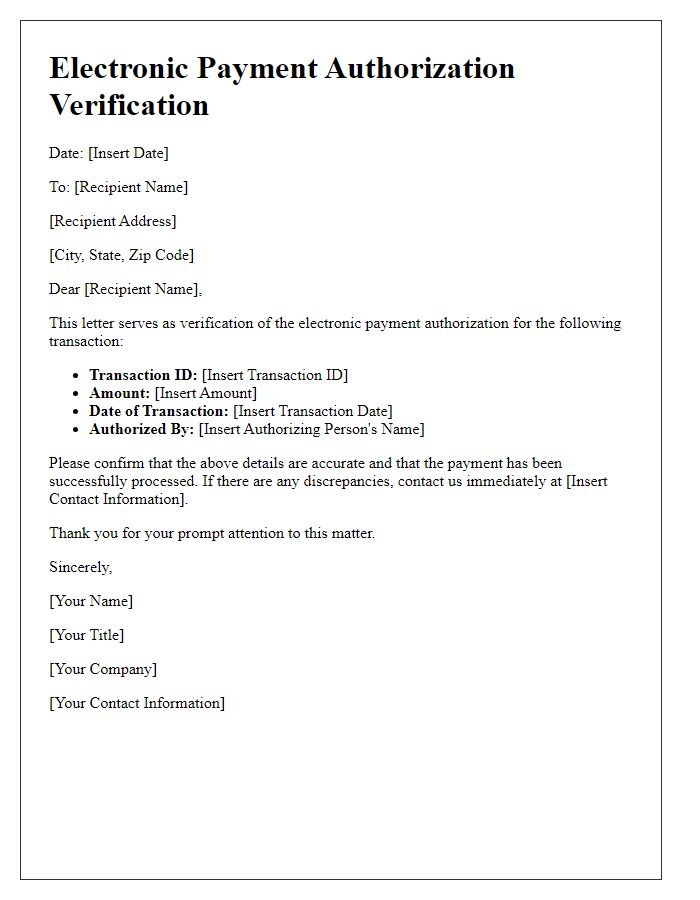 Letter template of electronic payment authorization verification.