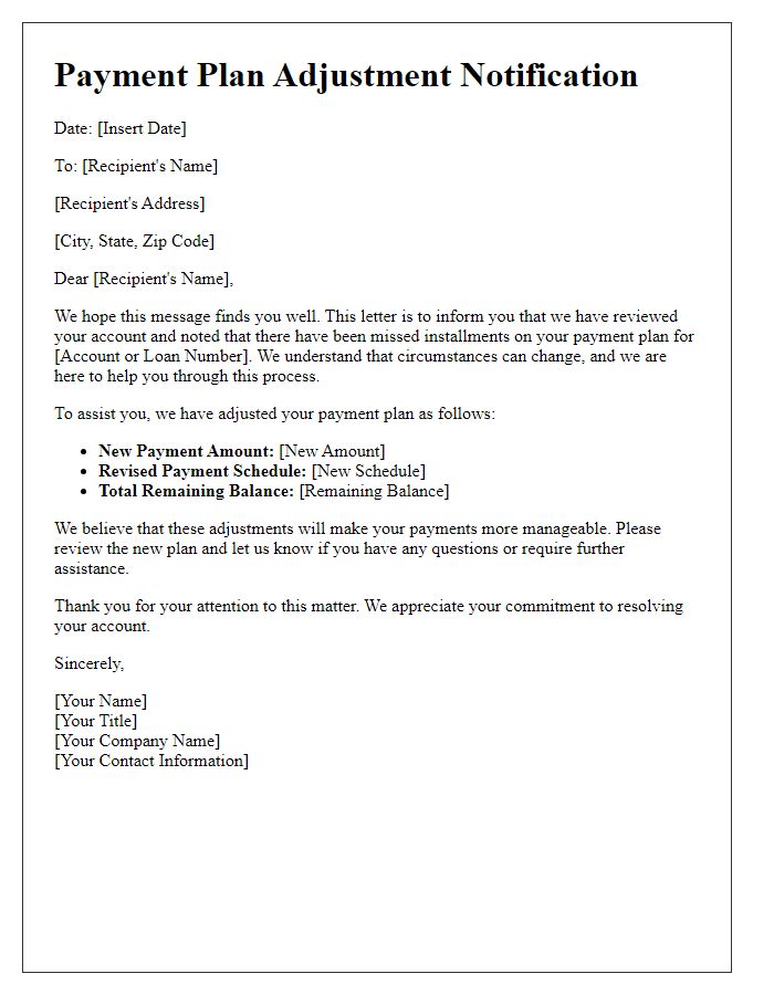 Letter template of adjusted payment plan for missed installments