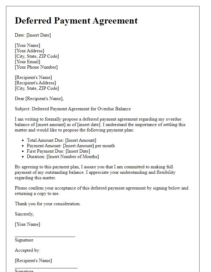 Letter template of deferred payment agreement for overdue balance