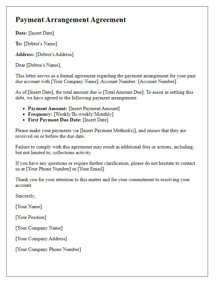 Letter template of payment arrangement agreement for past due accounts