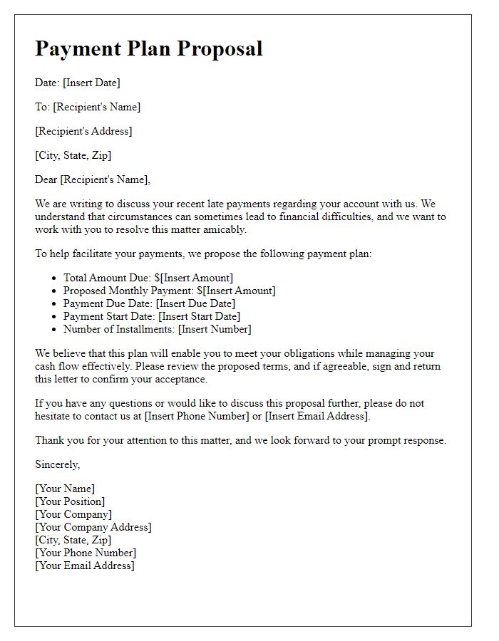 Letter template of payment plan proposal for late payments