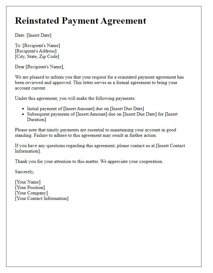 Letter template of reinstated payment agreement for bring accounts current