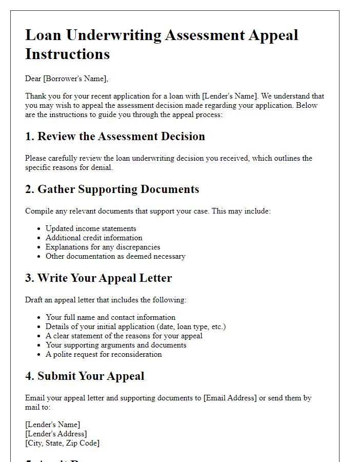 Letter template of loan underwriting assessment appeal instructions