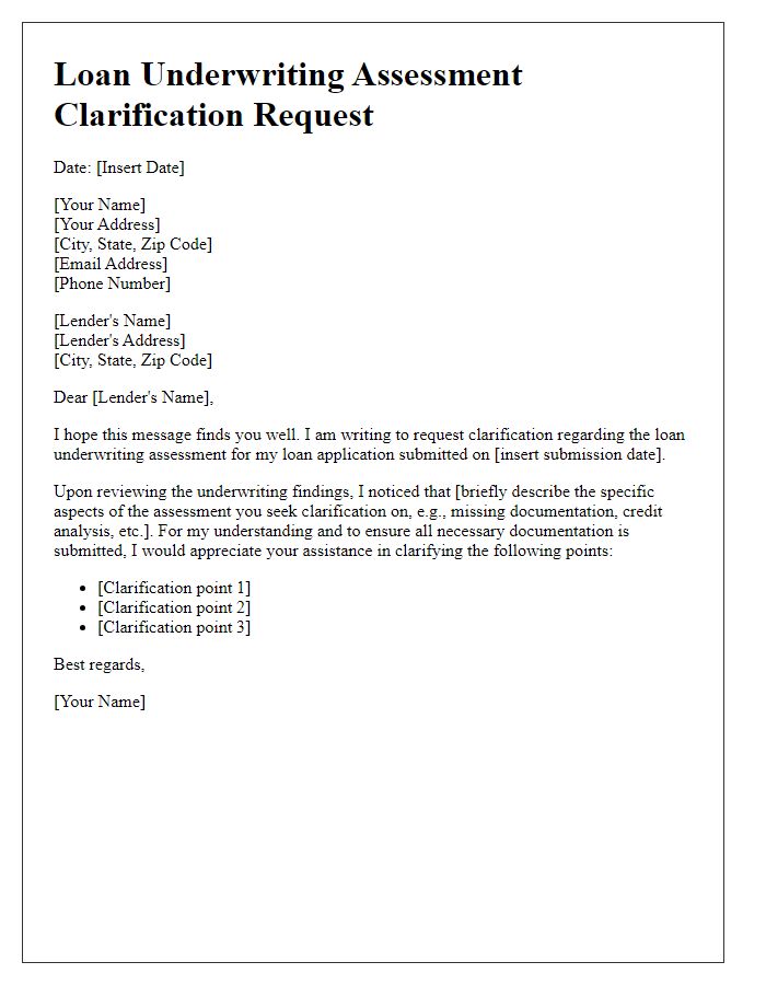 Letter template of loan underwriting assessment clarification request