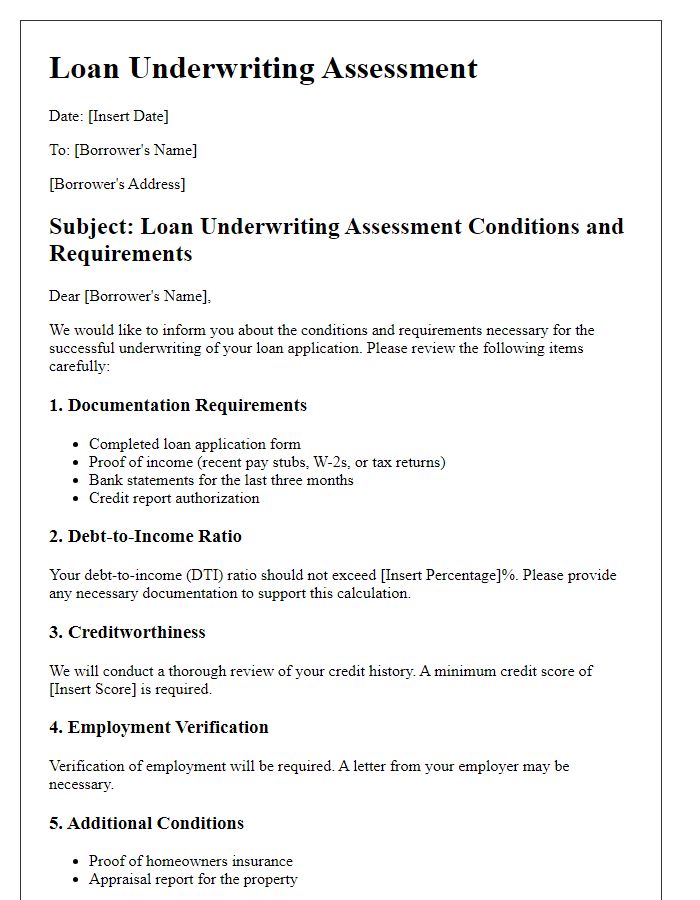 Letter template of loan underwriting assessment conditions and requirements