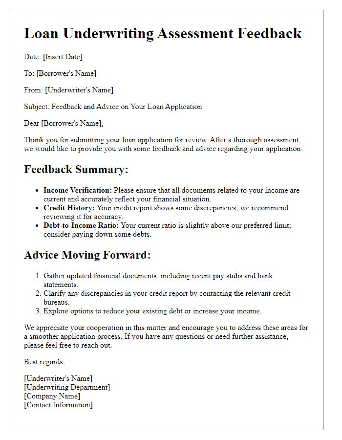 Letter template of loan underwriting assessment feedback and advice