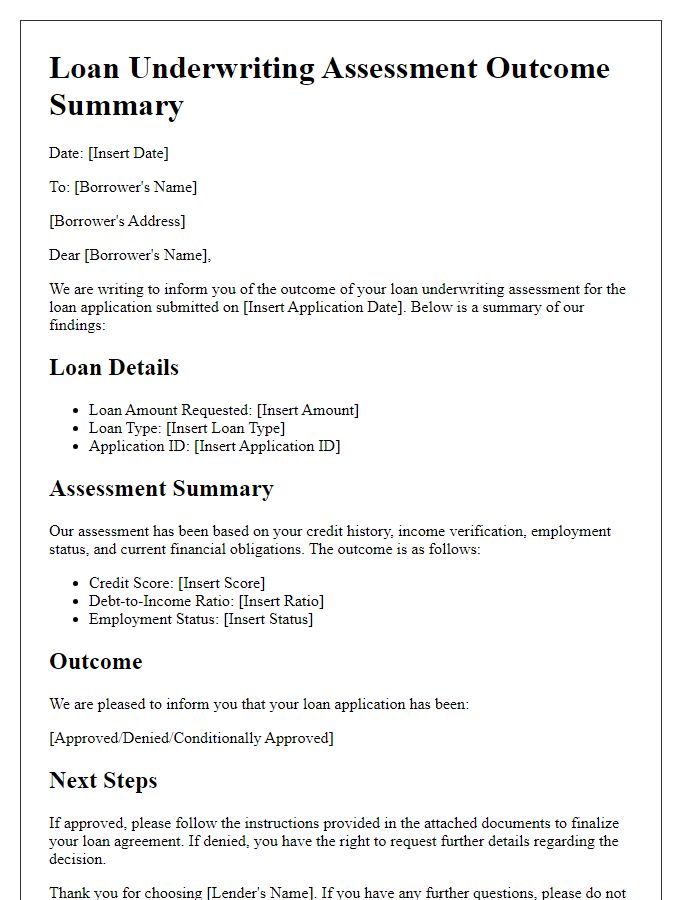 Letter template of loan underwriting assessment outcome summary