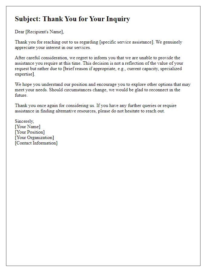 Letter template of polite refusal for service assistance