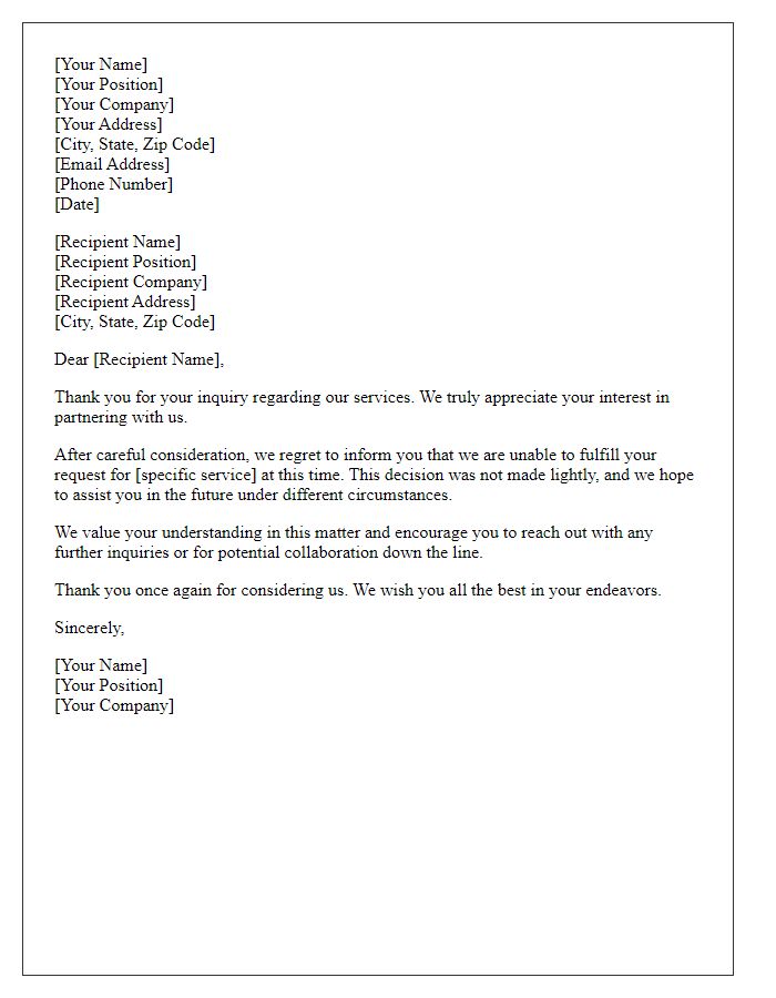 Letter template of service request decline with appreciation for inquiry