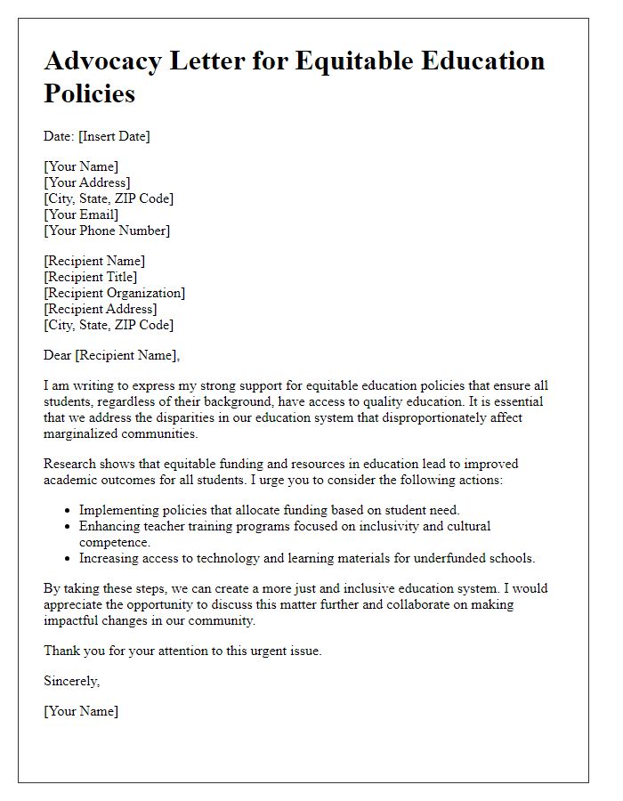 Letter template of advocacy for equitable education policies