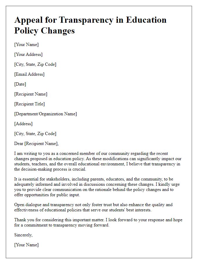 Letter template of appeal for transparency in education policy changes