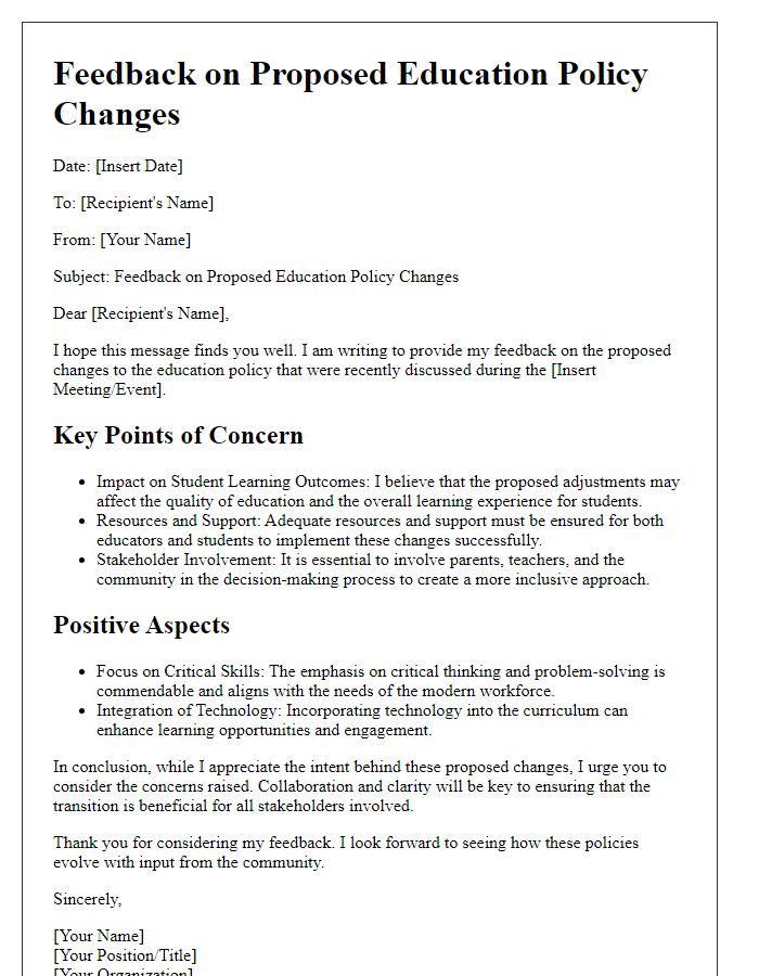 Letter template of feedback on proposed education policy changes