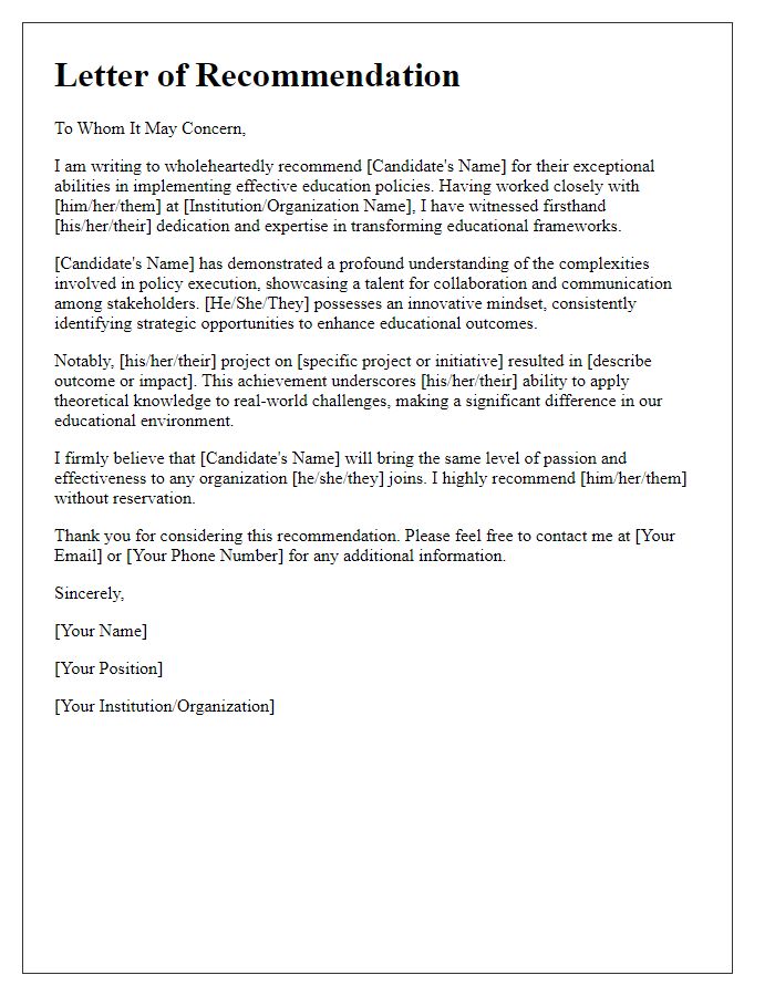 Letter template of recommendation for effective education policy implementation