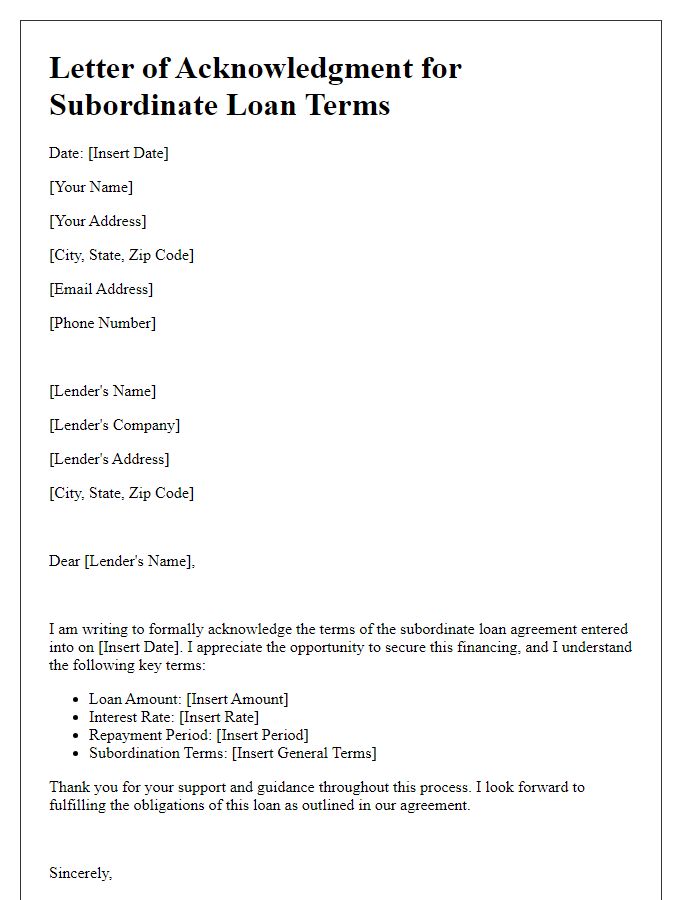 Letter template of Acknowledgment for Subordinate Loan Terms