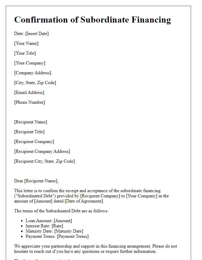 Letter template of Confirmation of Subordinate Financing