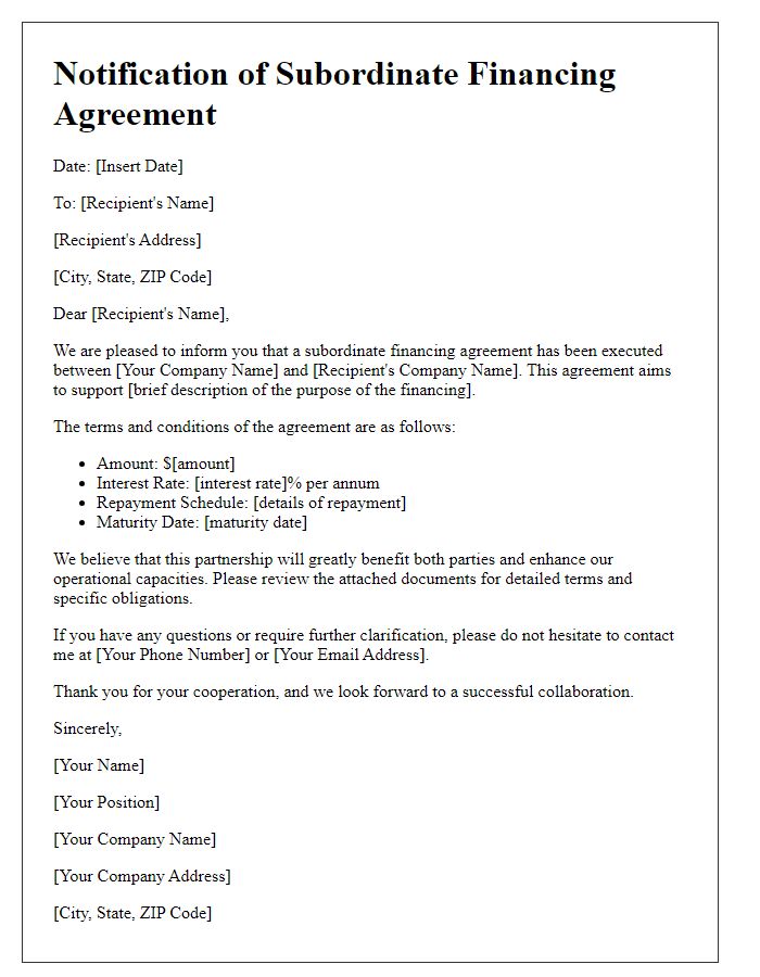 Letter template of Notification for Subordinate Financing Agreement