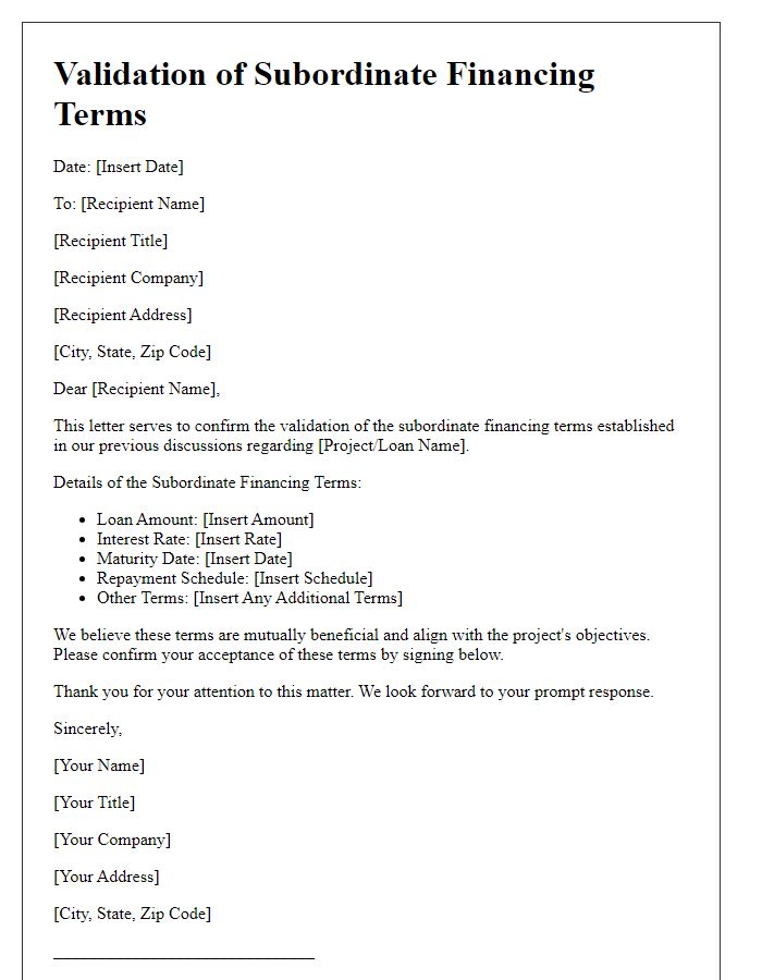 Letter template of Validation of Subordinate Financing Terms