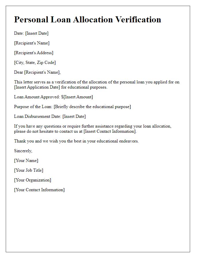 Letter template of personal loan allocation verification for educational purposes.