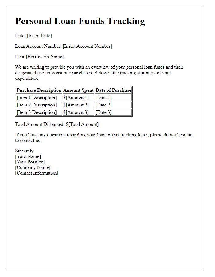 Letter template of personal loan funds tracking for consumer purchases.