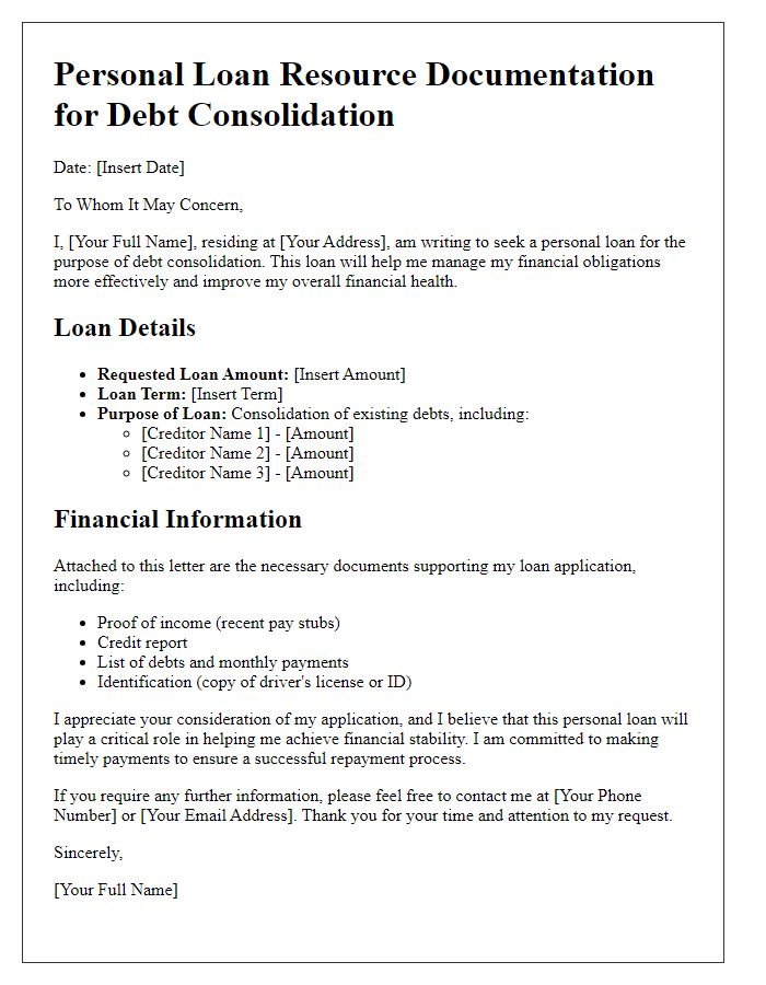 Letter template of personal loan resource documentation for debt consolidation.