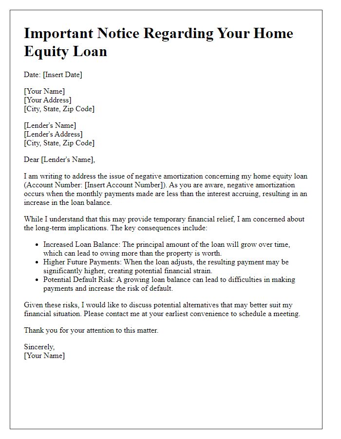 Letter template of negative amortization consequences for home equity.