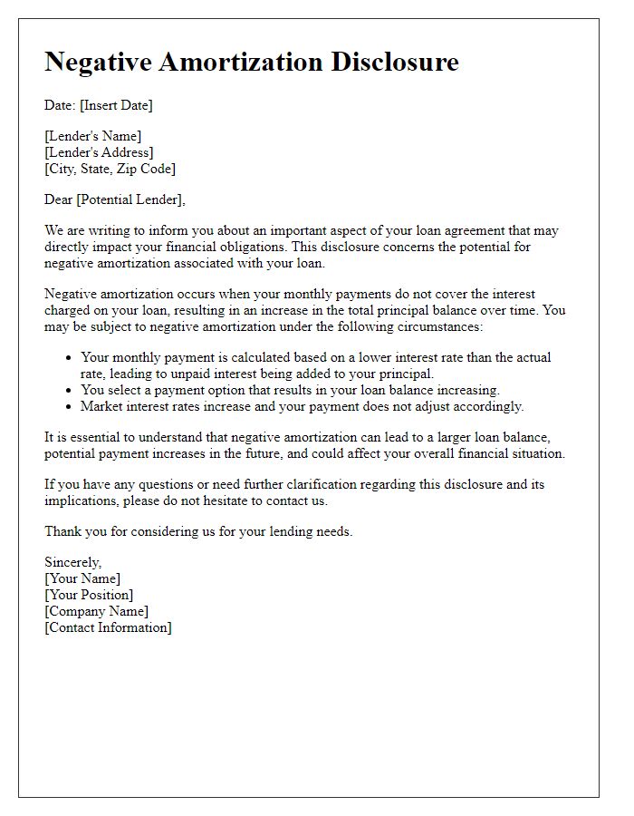 Letter template of negative amortization disclosure for potential lenders.