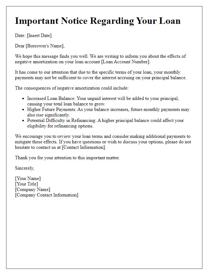 Letter template of negative amortization effects on monthly payments.