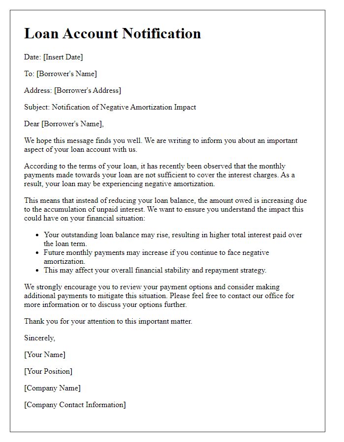 Letter template of negative amortization impact on loan balance.