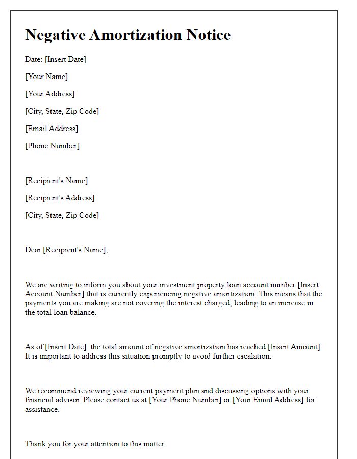 Letter template of negative amortization notice for investment properties.