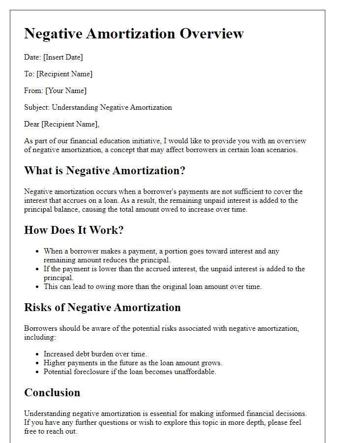 Letter template of negative amortization overview for financial education purposes.