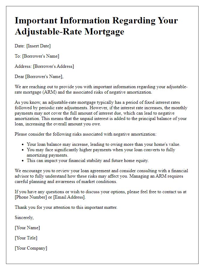 Letter template of negative amortization risks associated with adjustable-rate mortgages.