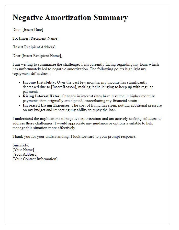 Letter template of negative amortization summary of repayment challenges.