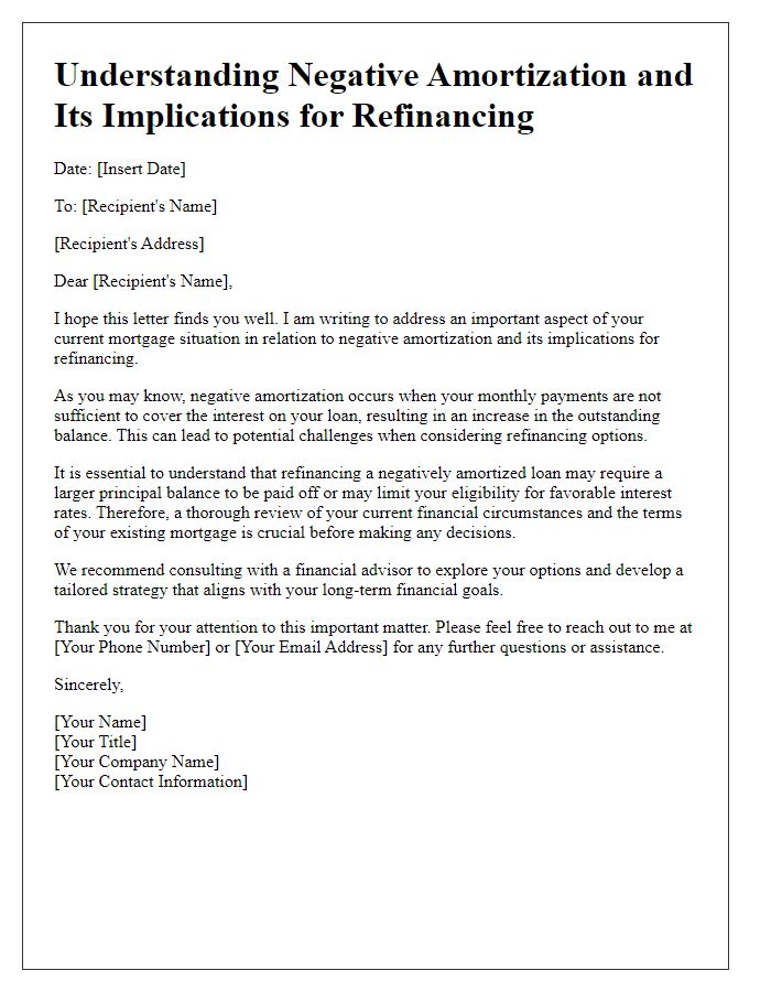 Letter template of negative amortization understanding its implications for refinancing.