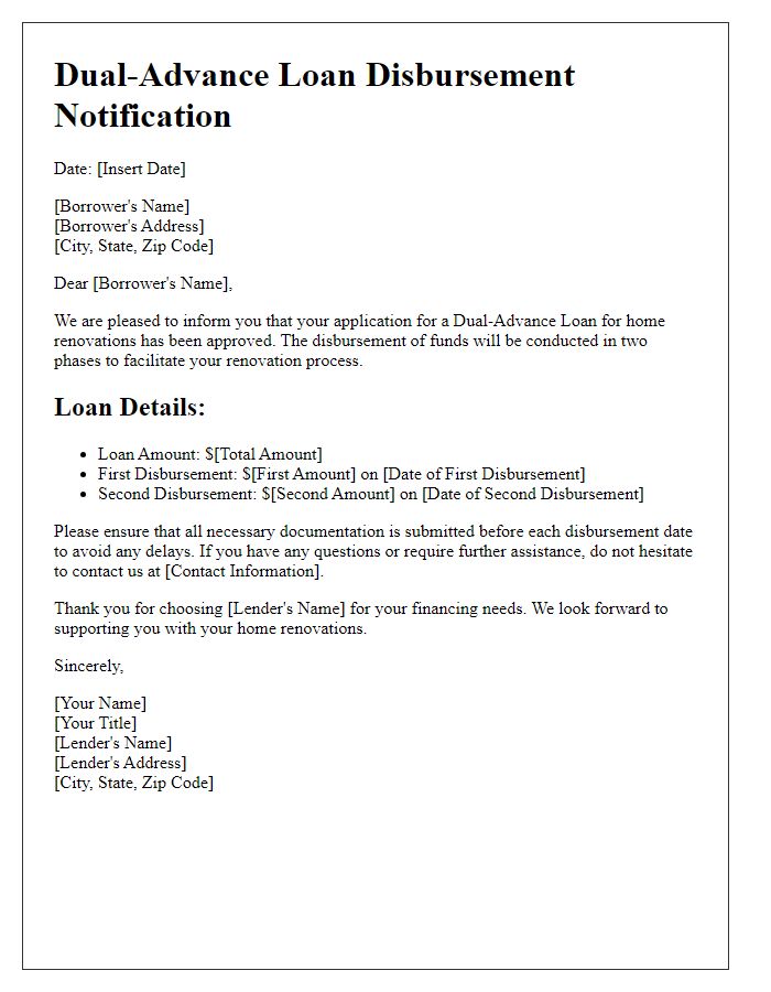 Letter template of dual-advance loan disbursement for home renovations.