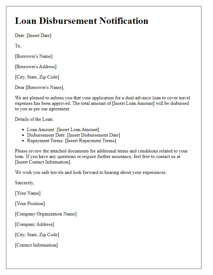 Letter template of dual-advance loan disbursement for travel expenses.