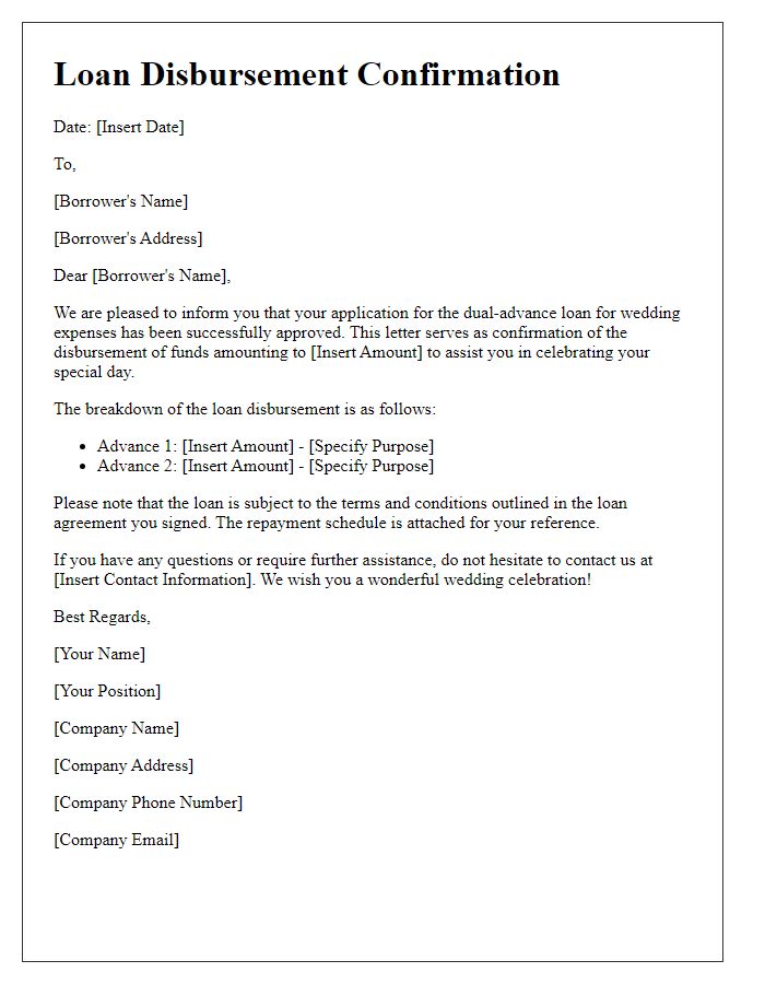 Letter template of dual-advance loan disbursement for wedding expenses.