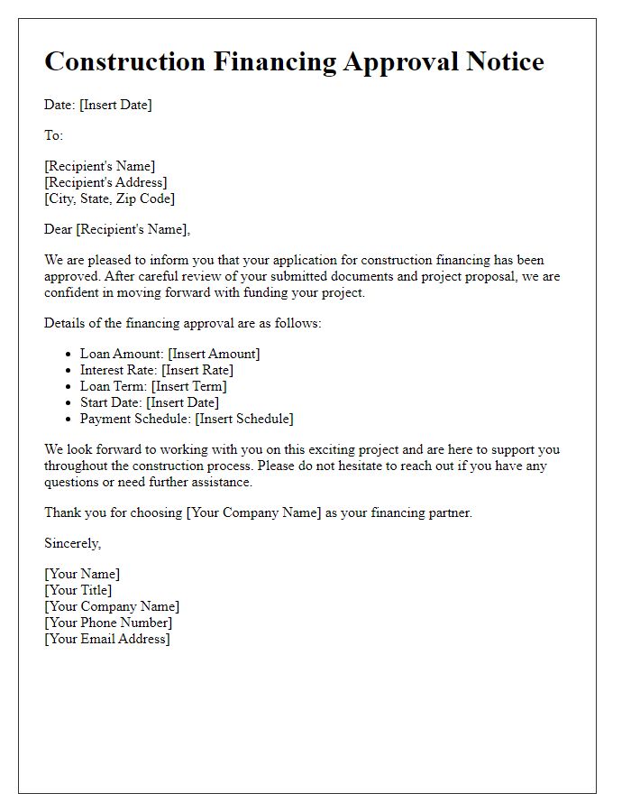 Letter template of Construction Financing Approval Notice