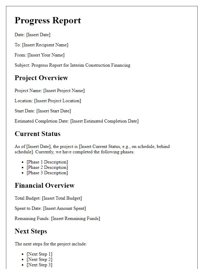 Letter template of Progress Report for Interim Construction Financing