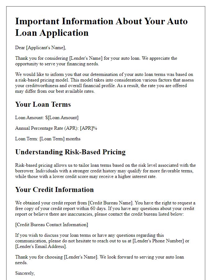 Letter template of risk-based pricing communication for auto loan seekers