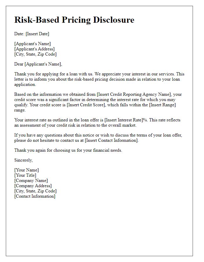 Letter template of risk-based pricing disclosure for loan applicants