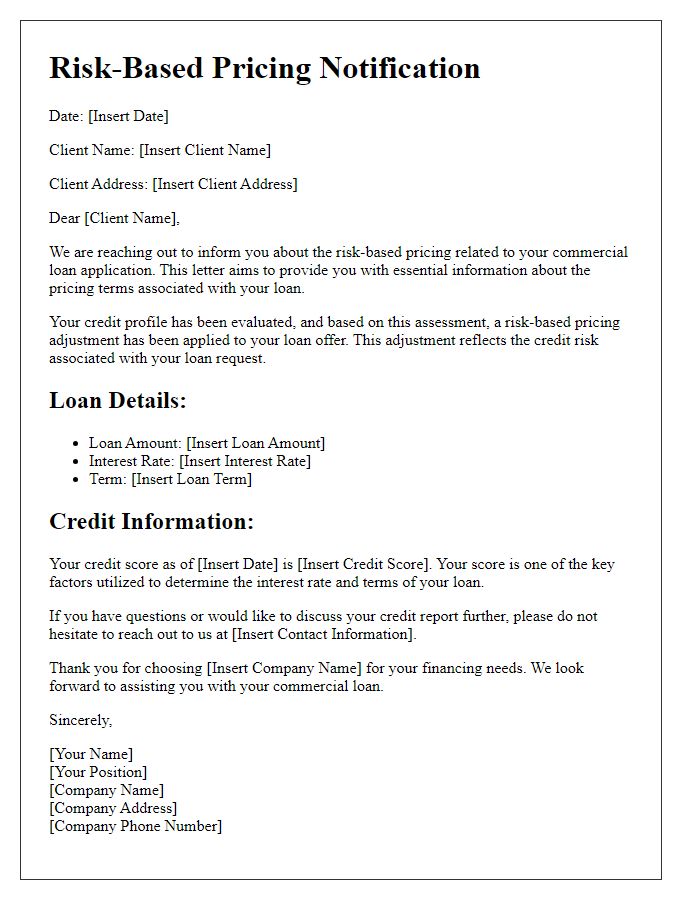 Letter template of risk-based pricing information for commercial loan clients