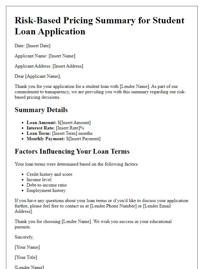 Letter template of risk-based pricing summary for student loan applicants