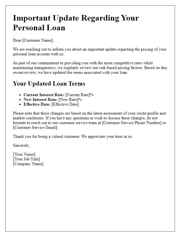 Letter template of risk-based pricing update for personal loan customers